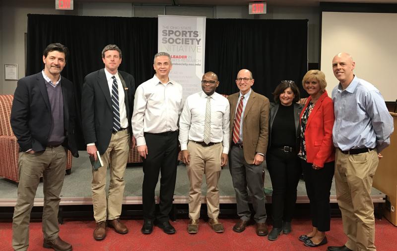 SSI board members gather post-panel with, from left, Tom Farrey, Sean Gregory, Dr. Brian Turner, SSI executive director Dr. Trevon Logan, Mark Hyman, Dr. Nicole Kraft and Jen Rasor.