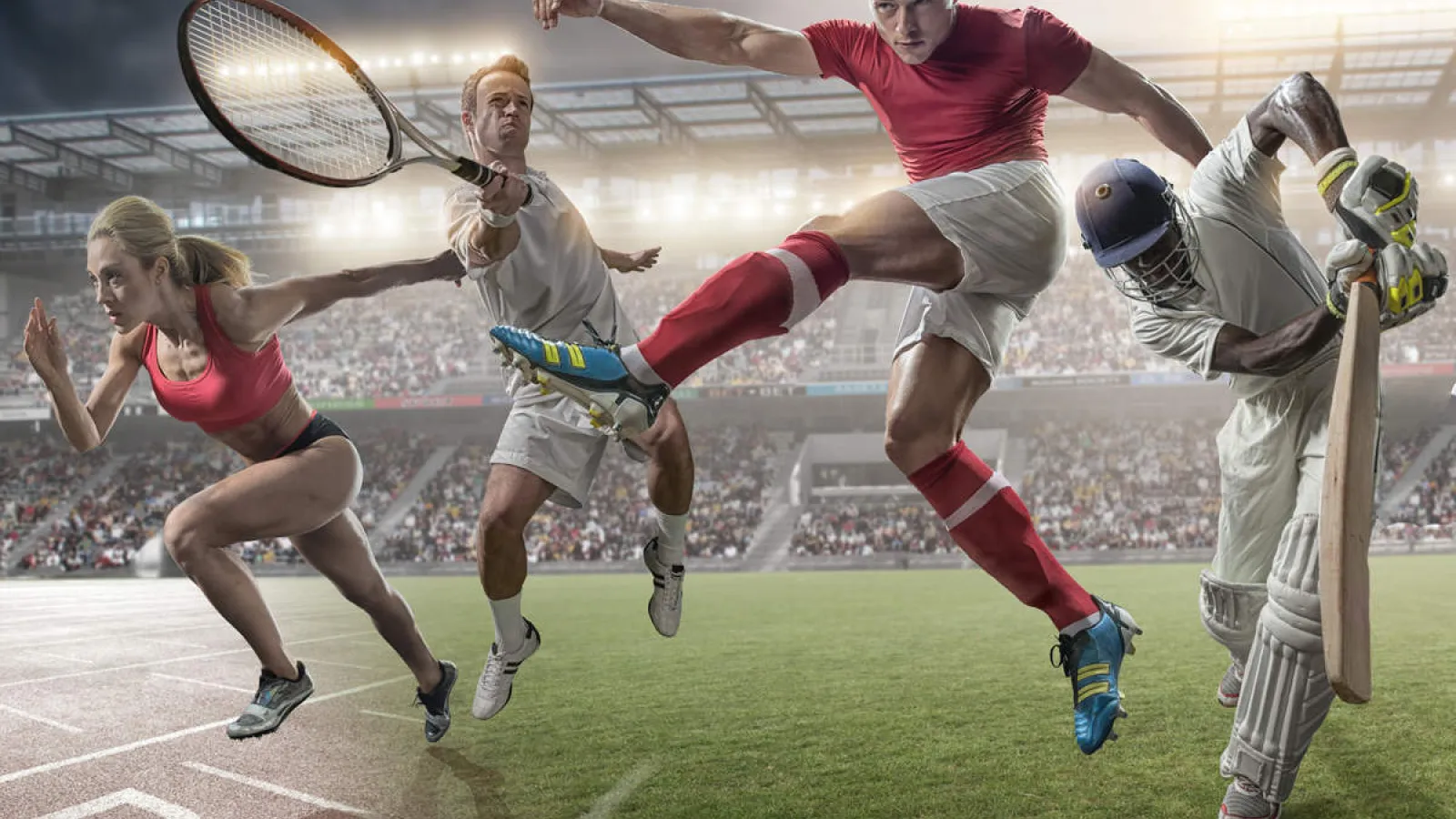 Athletes in action playing tennis, soccer, cricket and running