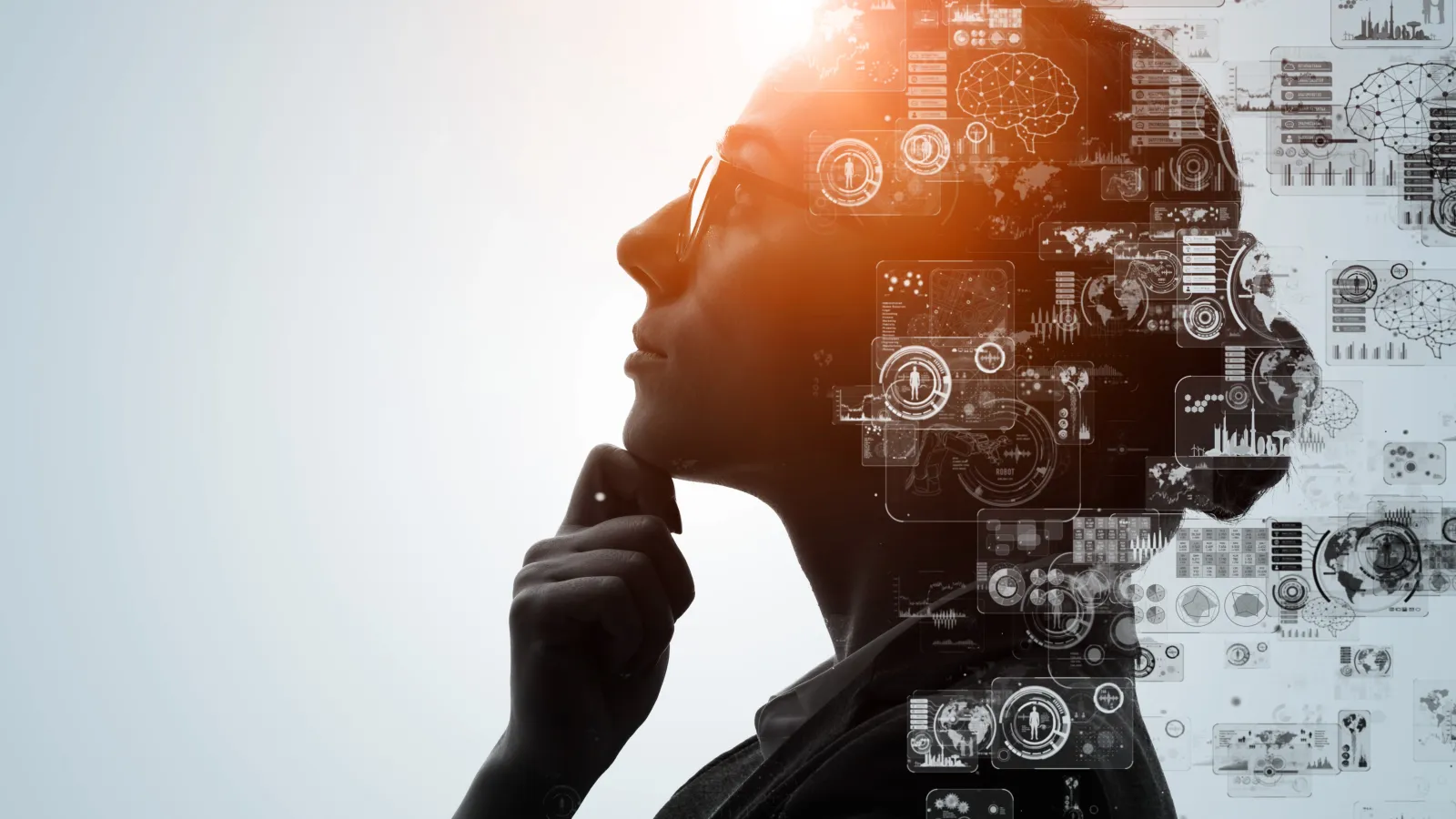 Person thinking with data swirling around them